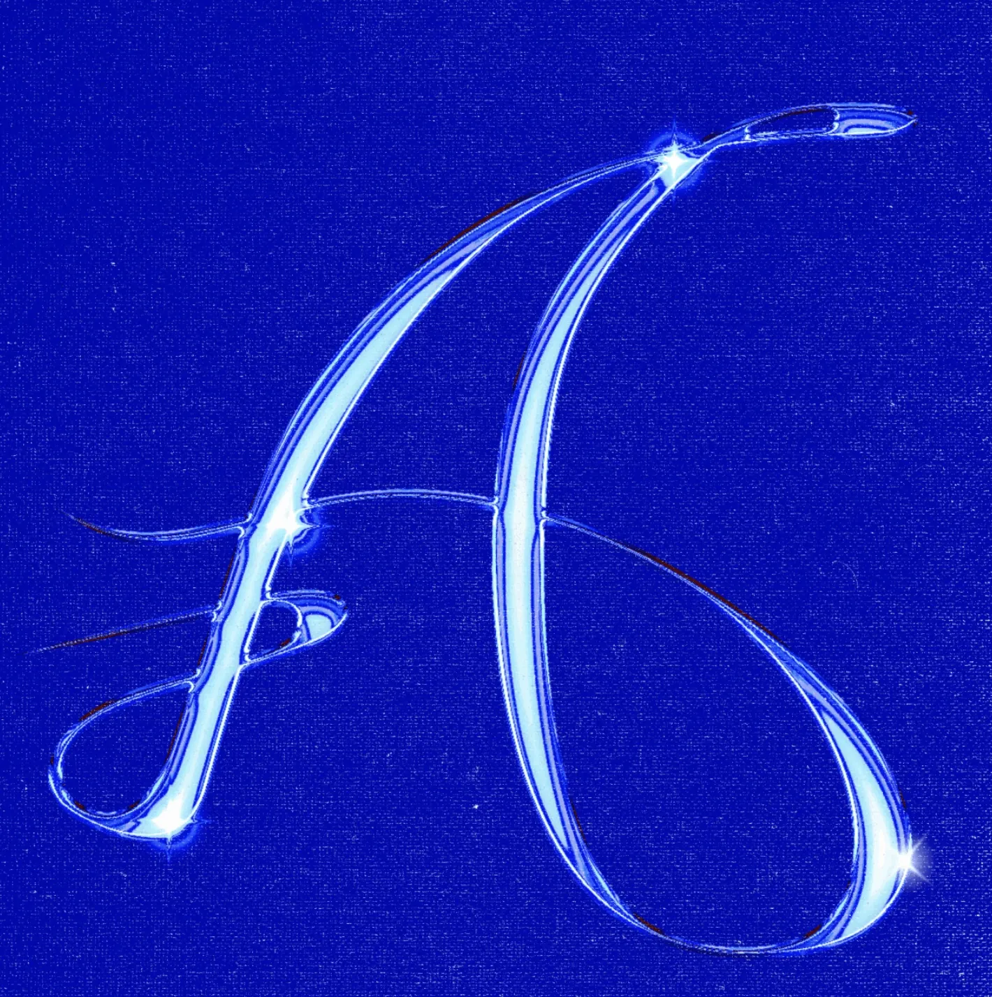 Blue calligraphic lettering of the letter A
