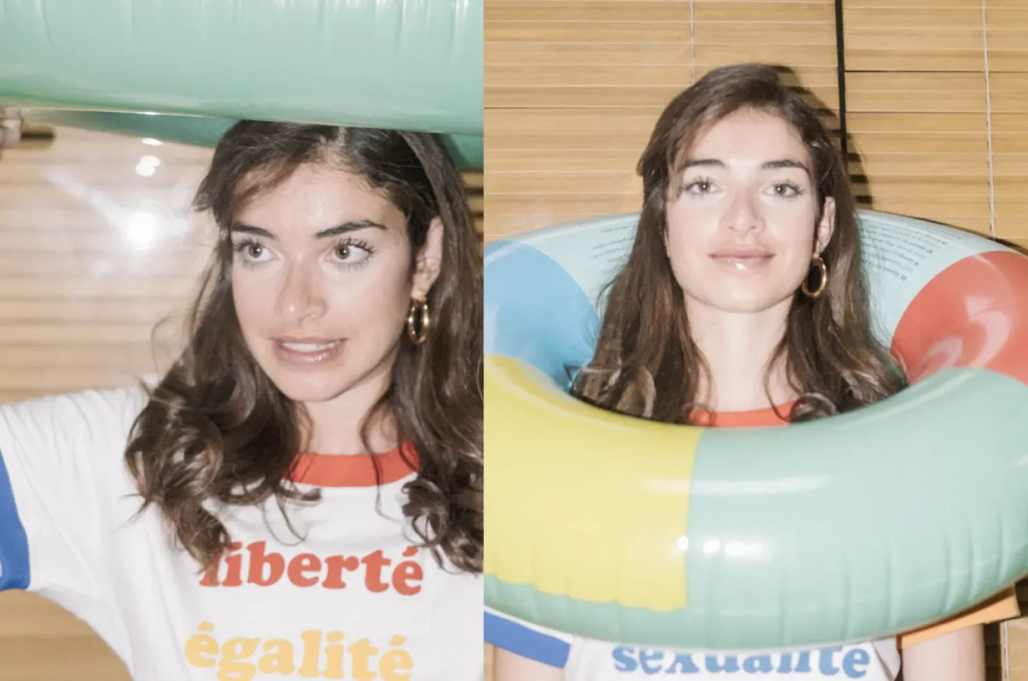 Lifestyle portrait with pool floats