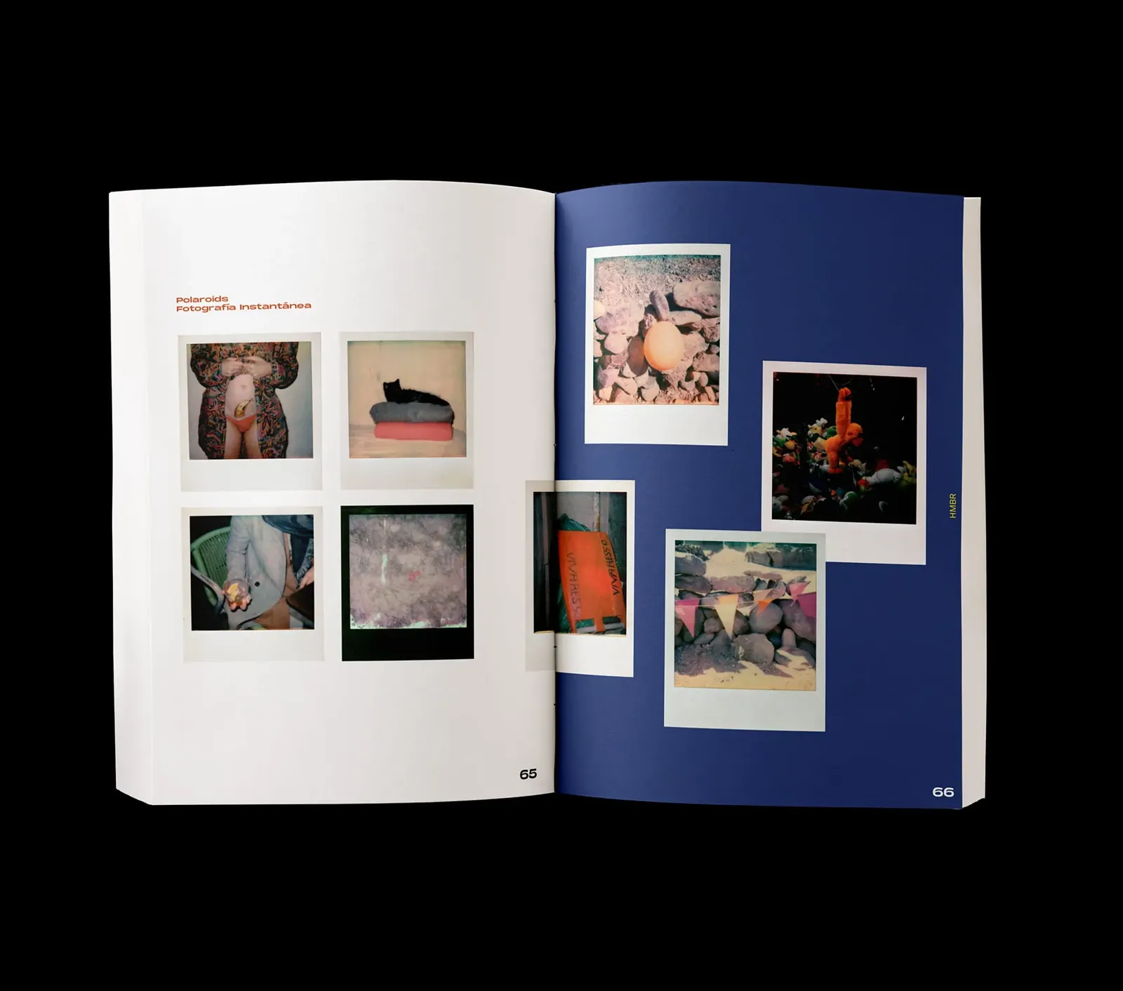 Printed portfolio spread with polaroid-style photographs